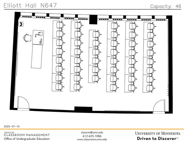 Plan view of the classroom that provides room capacity, seating locations and exits. Contact information is in the footer
