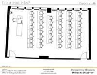 Plan view of the classroom that provides room capacity, seating locations and exits. Contact information is in the footer