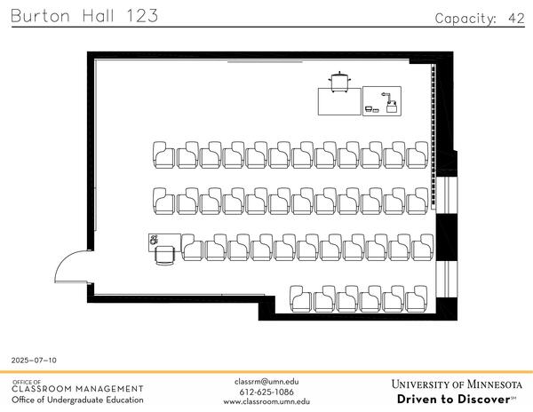 Plan view of the classroom that provides room capacity, seating locations and exits. Contact information is in the footer