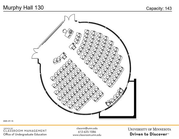 Plan view of the classroom that provides room capacity, seating locations and exits. Contact information is in the footer