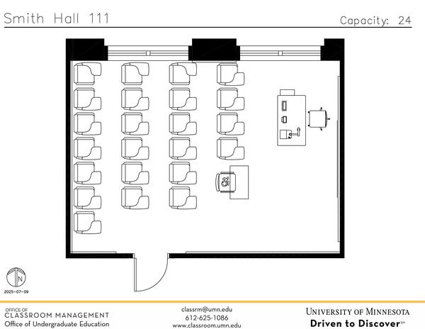 Plan view of the classroom that provides room capacity, seating locations and exits. Contact information is in the footer