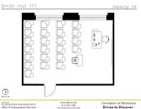 Plan view of the classroom that provides room capacity, seating locations and exits. Contact information is in the footer