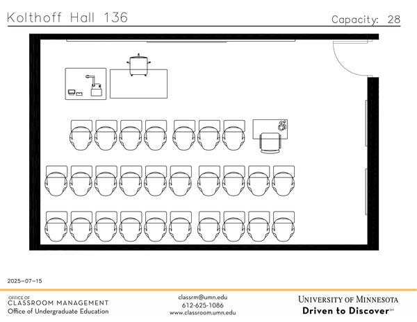 Plan view of the classroom that provides room capacity, seating locations and exits. Contact information is in the footer