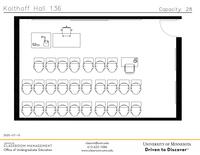 Plan view of the classroom that provides room capacity, seating locations and exits. Contact information is in the footer