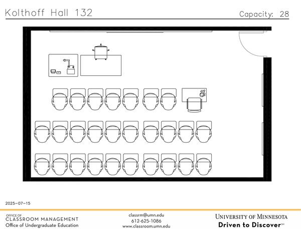 Plan view of the classroom that provides room capacity, seating locations and exits. Contact information is in the footer