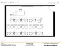 Plan view of the classroom that provides room capacity, seating locations and exits. Contact information is in the footer