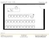 Plan view of the classroom that provides room capacity, seating locations and exits. Contact information is in the footer