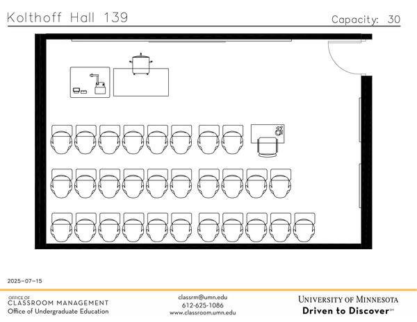 Plan view of the classroom that provides room capacity, seating locations and exits. Contact information is in the footer