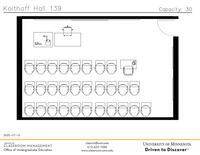 Plan view of the classroom that provides room capacity, seating locations and exits. Contact information is in the footer