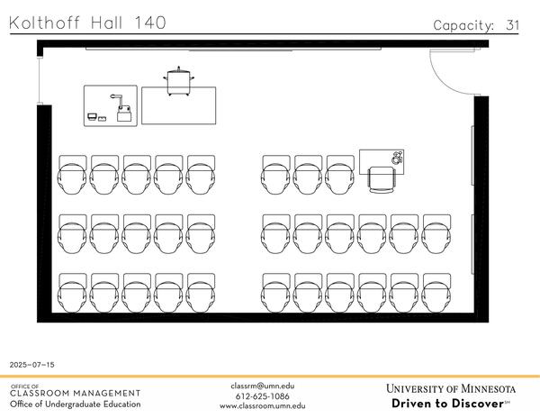 Plan view of the classroom that provides room capacity, seating locations and exits. Contact information is in the footer