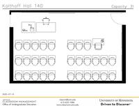 Plan view of the classroom that provides room capacity, seating locations and exits. Contact information is in the footer