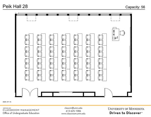 Plan view of the classroom that provides room capacity, seating locations and exits. Contact information is in the footer
