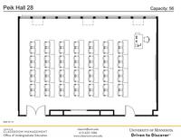 Plan view of the classroom that provides room capacity, seating locations and exits. Contact information is in the footer