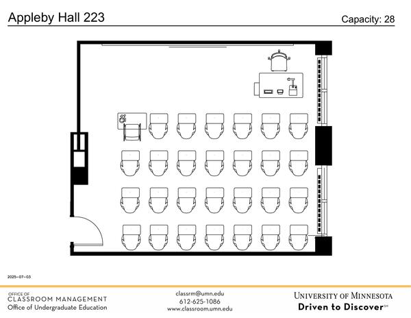 Plan view of the classroom that provides room capacity, seating locations and exits. Contact information is in the footer