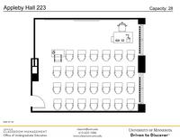 Plan view of the classroom that provides room capacity, seating locations and exits. Contact information is in the footer