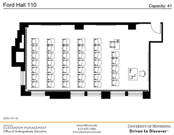 Plan view of the classroom that provides room capacity, seating locations and exits. Contact information is in the footer