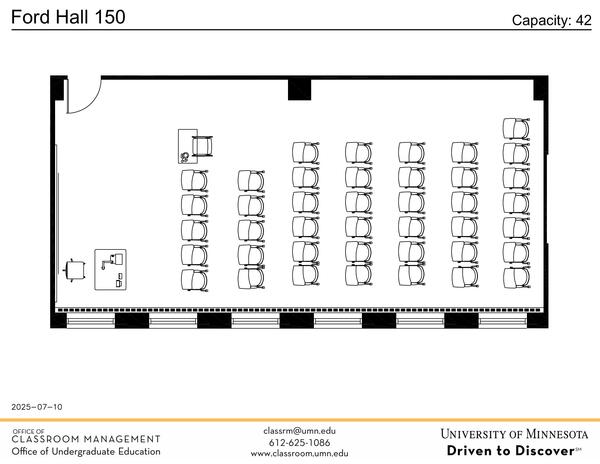 Plan view of the classroom that provides room capacity, seating locations and exits. Contact information is in the footer