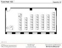 Plan view of the classroom that provides room capacity, seating locations and exits. Contact information is in the footer