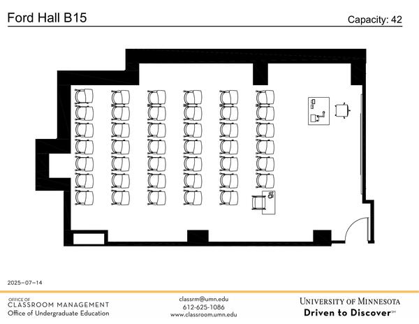 Plan view of the classroom that provides room capacity, seating locations and exits. Contact information is in the footer