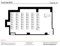 Plan view of the classroom that provides room capacity, seating locations and exits. Contact information is in the footer