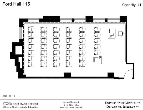 Plan view of the classroom that provides room capacity, seating locations and exits. Contact information is in the footer