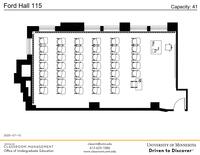 Plan view of the classroom that provides room capacity, seating locations and exits. Contact information is in the footer