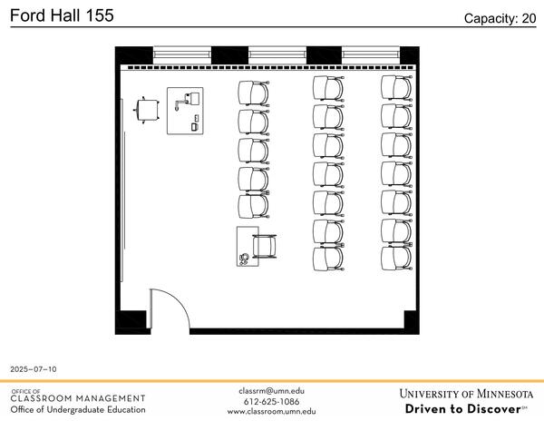 Plan view of the classroom that provides room capacity, seating locations and exits. Contact information is in the footer