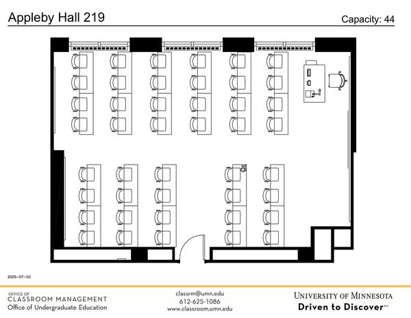 Plan view of the classroom that provides room capacity, seating locations and exits. Contact information is in the footer