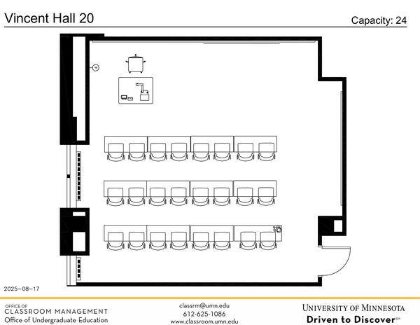 Plan view of the classroom that provides room capacity, seating locations and exits. Contact information is in the footer