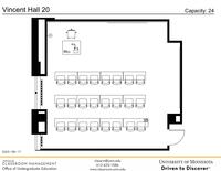 Plan view of the classroom that provides room capacity, seating locations and exits. Contact information is in the footer