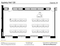 Plan view of the classroom that provides room capacity, seating locations and exits. Contact information is in the footer