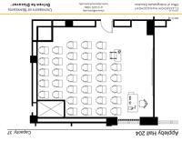 Plan view of the classroom that provides room capacity, seating locations and exits. Contact information is in the footer