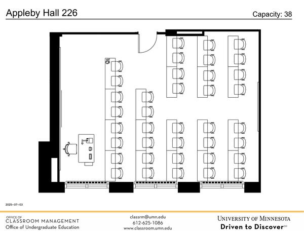Plan view of the classroom that provides room capacity, seating locations and exits. Contact information is in the footer