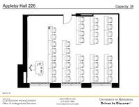 Plan view of the classroom that provides room capacity, seating locations and exits. Contact information is in the footer