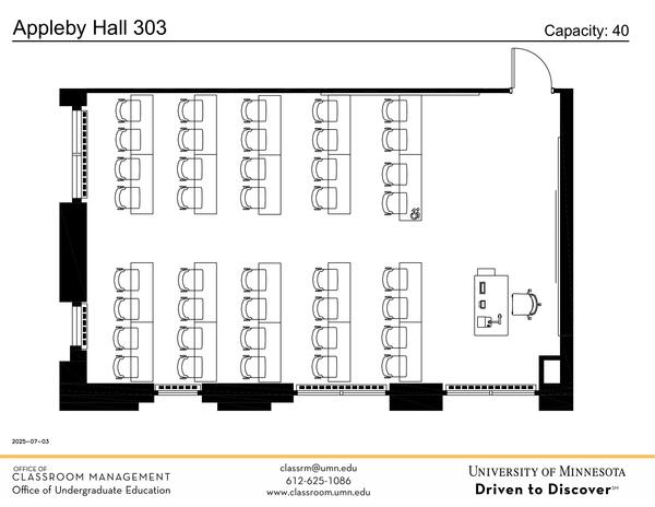 Plan view of the classroom that provides room capacity, seating locations and exits. Contact information is in the footer