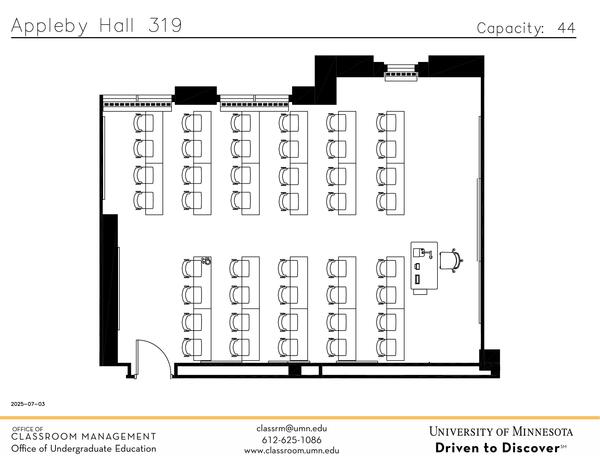 Plan view of the classroom that provides room capacity, seating locations and exits. Contact information is in the footer