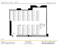 Plan view of the classroom that provides room capacity, seating locations and exits. Contact information is in the footer