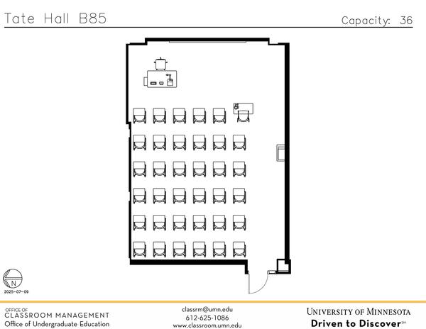 Plan view of the classroom that provides room capacity, seating locations and exits. Contact information is in the footer