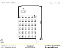 Plan view of the classroom that provides room capacity, seating locations and exits. Contact information is in the footer