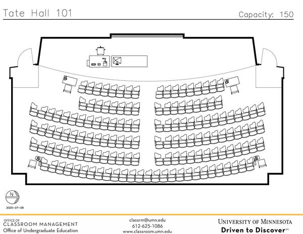 Plan view of the classroom that provides room capacity, seating locations and exits. Contact information is in the footer