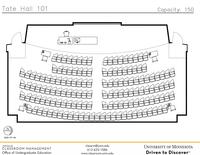 Plan view of the classroom that provides room capacity, seating locations and exits. Contact information is in the footer