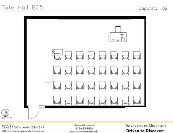 Plan view of the classroom that provides room capacity, seating locations and exits. Contact information is in the footer