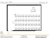 Plan view of the classroom that provides room capacity, seating locations and exits. Contact information is in the footer