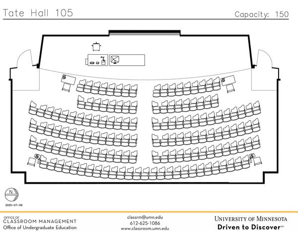 Plan view of the classroom that provides room capacity, seating locations and exits. Contact information is in the footer