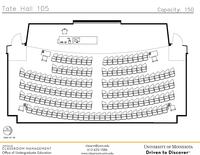 Plan view of the classroom that provides room capacity, seating locations and exits. Contact information is in the footer