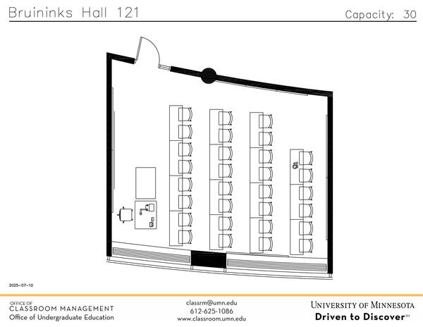 Plan view of the classroom that provides room capacity, seating locations and exits. Contact information is in the footer