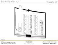 Plan view of the classroom that provides room capacity, seating locations and exits. Contact information is in the footer