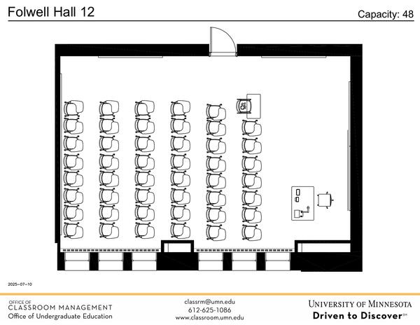 Plan view of the classroom that provides room capacity, seating locations and exits. Contact information is in the footer