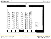Plan view of the classroom that provides room capacity, seating locations and exits. Contact information is in the footer
