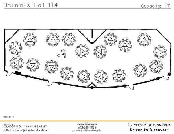Plan view of the classroom that provides room capacity, seating locations and exits. Contact information is in the footer